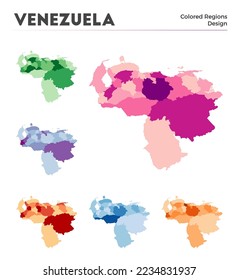 Colección de mapas de Venezuela. Fronteras de Venezuela para tu infografía. Regiones de países de colores. Ilustración vectorial.