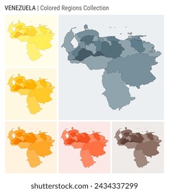 Venezuela map collection. Country shape with colored regions. Blue Grey, Yellow, Amber, Orange, Deep Orange, Brown color palettes. Border of Venezuela with provinces for your infographic.