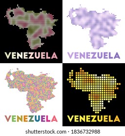 Mapa de Venezuela. Colección de mapas de Venezuela en estilo punteado. Las fronteras del país están llenas de rectángulos para su diseño. Ilustración vectorial.