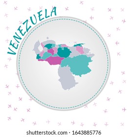 Venezuela map design. Map of the country with regions in emerald-amethyst color palette. Rounded travel to Venezuela poster with country name and airplanes background. Stylish vector illustration.
