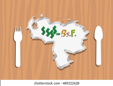 Venezuela Map as an Economic plate symbol with Dollars to Venezuelan currency called bolivar fuerte. Editable Clip Art. 