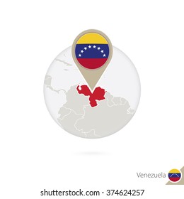 Venezuela map and flag in circle. Map of Venezuela, Venezuela flag pin. Map of Venezuela in the style of the globe. Vector Illustration.