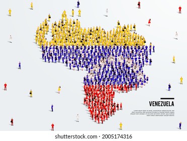 Venezuela Map and Flag. A large group of people in the Venezuela flag color form to create the map. Vector Illustration.