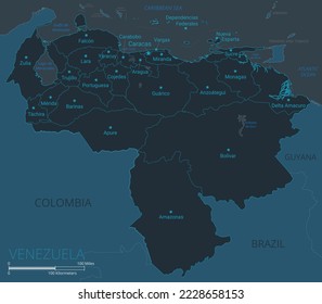 Venezuela map. High detailed map of Venezuela with countries, borders, cities, water objects. Vector illustration eps10.