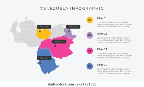 Venezuela Karte Infografik Vorlage mit 4 Optionen. Venezuela politische Karte Infografik zur Präsentation.