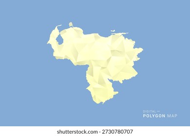 Mapa de Venezuela en estilo de Vector de polígono bajo, ilustración de forma geométrica con tonos amarillos suaves sobre fondo azul, silueta limpia para infografía.