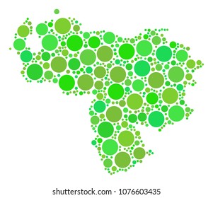 Venezuela Map mosaic of randomized circle elements in variable sizes and ecological green color hues. Vector round elements are organized into venezuela map illustration.