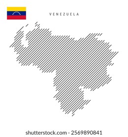 Venezuela map from pattern of black slanted parallel lines. Venezuelan map with gray diagonal lines. Silhouette of a country made of oblique hatching. Vector illustration isolated on white.