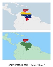 Venezuela map with pin of country capital. Two types of Venezuela map with neighboring countries. Vector template.