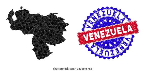 Venezuela map polygonal mesh with filled triangles, and distress bicolor seal. Triangle mosaic Venezuela map with mesh vector model, triangles have various sizes, and positions, and color tints.
