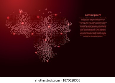 Venezuela map from red pattern of the maze grid and glowing space stars grid. Vector illustration.