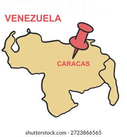 Mapa de Venezuela con un pin rojo que indica la ciudad capital de caracas sobre un fondo blanco