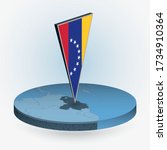 Venezuela map in round isometric style with triangular 3D flag of Venezuela, vector map in blue color. 