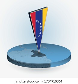 Venezuela map in round isometric style with triangular 3D flag of Venezuela, vector map in blue color. 