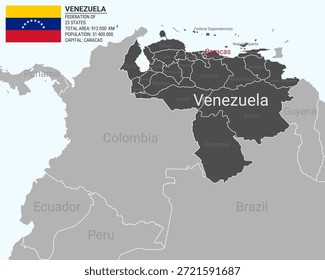 Mapa de Venezuela con nombres de estados. Ilustración vectorial con contornos editables. División política en estados. Las formas y proporciones correctas de Venezuela limitan con el capital en Caracas.