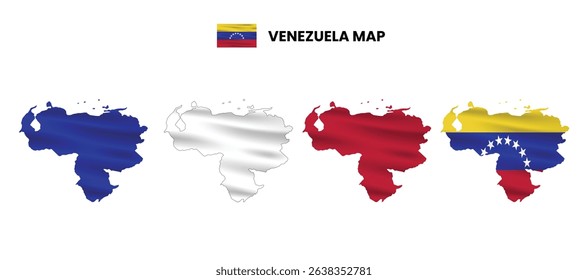 Venezuela map in various style frames, icons, black color, borders, flag colors. Vector illustration