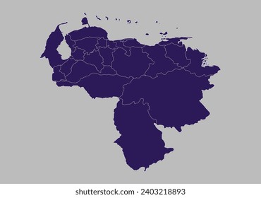 Mapa vectorial de Venezuela, color azul púrpura aislado en fondo gris.