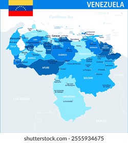 Venezuela Map Vector Blue Spot - Customizable layered political map of Venezuela with administrative divisions for website, education, reports, news, politics, print, poster and wallpaper