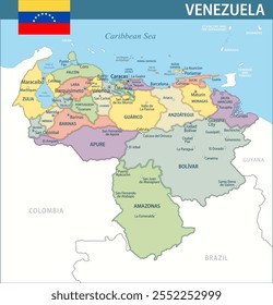 Venezuela Mapa Vetor Novo 2024 Colorido - Mapa político em camadas personalizável da Venezuela com divisões administrativas para site, educação, relatórios, notícias, política, impressão, cartaz e papel de parede