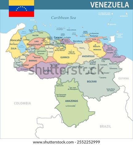 Venezuela Map Vector New 2024 Colorful - Customizable layered political map of Venezuela with administrative divisions for website, education, reports, news, politics, print, poster and wallpaper