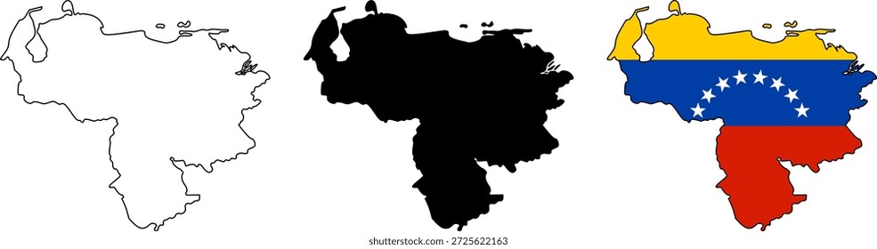 Venezuela Karte Vektor-Set mit Umriss, solide Silhouette und nationale Flagge Farben. Sauberes, isoliertes Design für Bildung, Infografik, Geografie, Reisen und politische Inhalte.