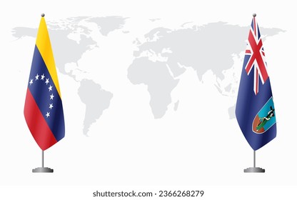 Venezuela and Montserrat flags for official meeting against background of world map.