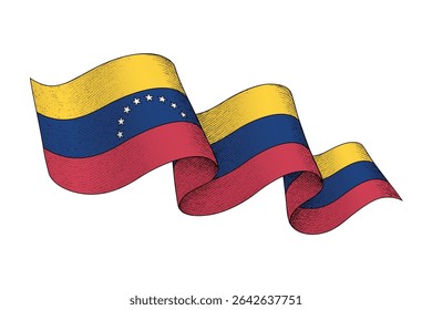 Venezuela national flag waving ribbon shape with engraved vintage texture