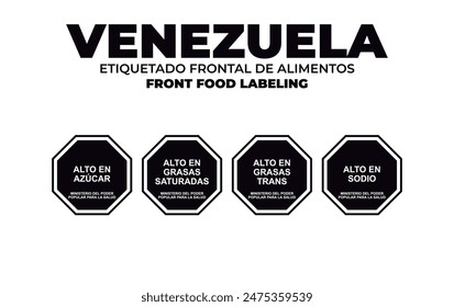 Venezuela. Nutrition warning stamp system. Front food labeling. Octagons. Excess sugars, total fats, saturated fats, sodium, calories, sweeteners, caffeine.