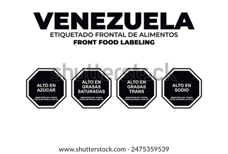 Venezuela. Nutrition warning stamp system. Front food labeling. Octagons. Excess sugars, total fats, saturated fats, sodium, calories, sweeteners, caffeine.