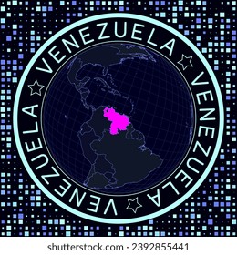 Venezuela on globe vector. Futuristic satellite view of the world centered to Venezuela. Geographical illustration with shape of country and squares background. Bright neon colors on dark background.