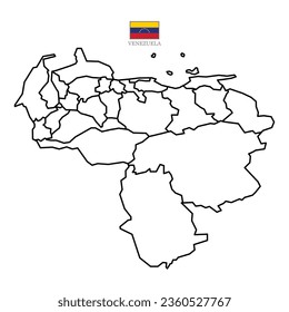 Venezuela outline map with division to region. Venezuela map isolated on white background. illustration with national flag.