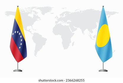 Venezuela and Palau flags for official meeting against background of world map.