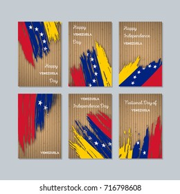 Venezuela Patriotic Cards for National Day. Expressive Brush Stroke in National Flag Colors on kraft paper background. Venezuela Patriotic Vector Greeting Card.