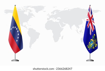 Venezuela and Pitcairn Islands flags for official meeting against background of world map.