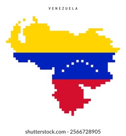 Venezuela pixel flag map icon. 8 bit pixel art Venezuelan map covered with flag. Flat vector illustration isolated on white background.