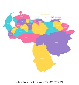 Venezuela political map of administrative divisions - states, capital district and federal dependencies. Colorful vector map with labels.