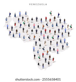 Venezuela population map. Large group of realistic a diverse crowd of people figures in a shape of Venezuelan map. Flat vector illustration isolated on white.