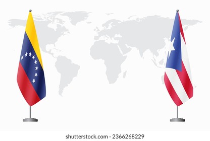 Venezuela and Puerto Rico flags for official meeting against background of world map.