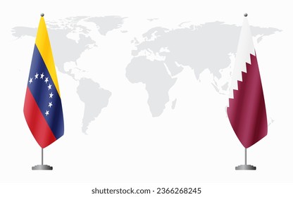 Venezuela and Qatar flags for official meeting against background of world map.