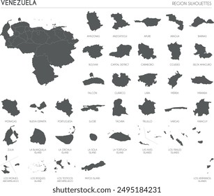 Venezuela region silhouettes set and blank map of the country isolated on white background. Vector illustration design