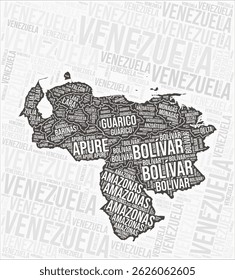 Venezuela regions map word cloud. Venezuela region names. Black and white map design. Awesome vector illustration.