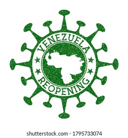 Venezuela Reopening Stamp. Green round badge of country with map of Venezuela. Country opening after lockdown. Vector illustration.