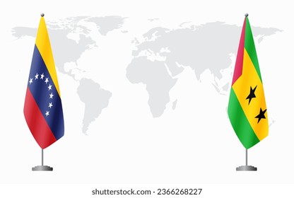 Venezuela and Sao Tome and Principe flags for official meeting against background of world map.
