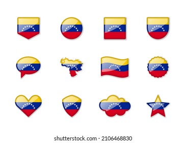 Venezuela - set of shiny flags of different shapes. Vector illustration