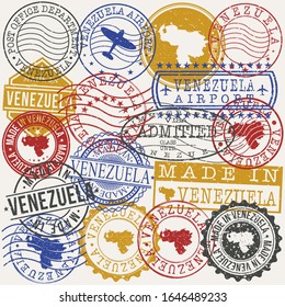 Venezuela Set of Stamps. Travel Passport Stamps. Made In Product. Design Seals in Old Style Insignia. Icon Clip Art Vector Collection.