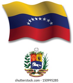 venezuela shadowed textured wavy flag and coat of arms against white background, vector art illustration, image contains transparency transparency