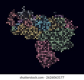 Venezuela, shape of the country build of colored cells. Digital style map of the Venezuela on dark background. Small size circle blocks. Modern vector illustration.