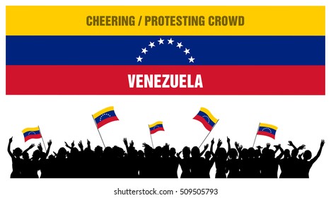 Venezuela silhouette of cheering or protesting crowd of people with Venezuelan flags and banners isolated