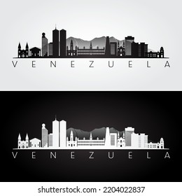 Venezuela skyline and landmarks silhouette, black and white design, vector illustration.