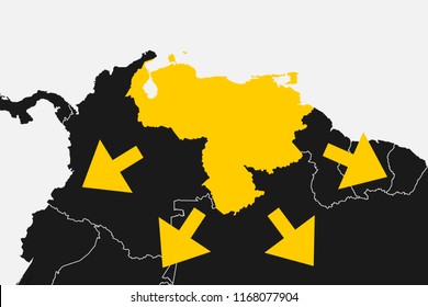 Venezuela and South America. Arrows as metaphor of Venezuelan migration from country to the foreign states in the region